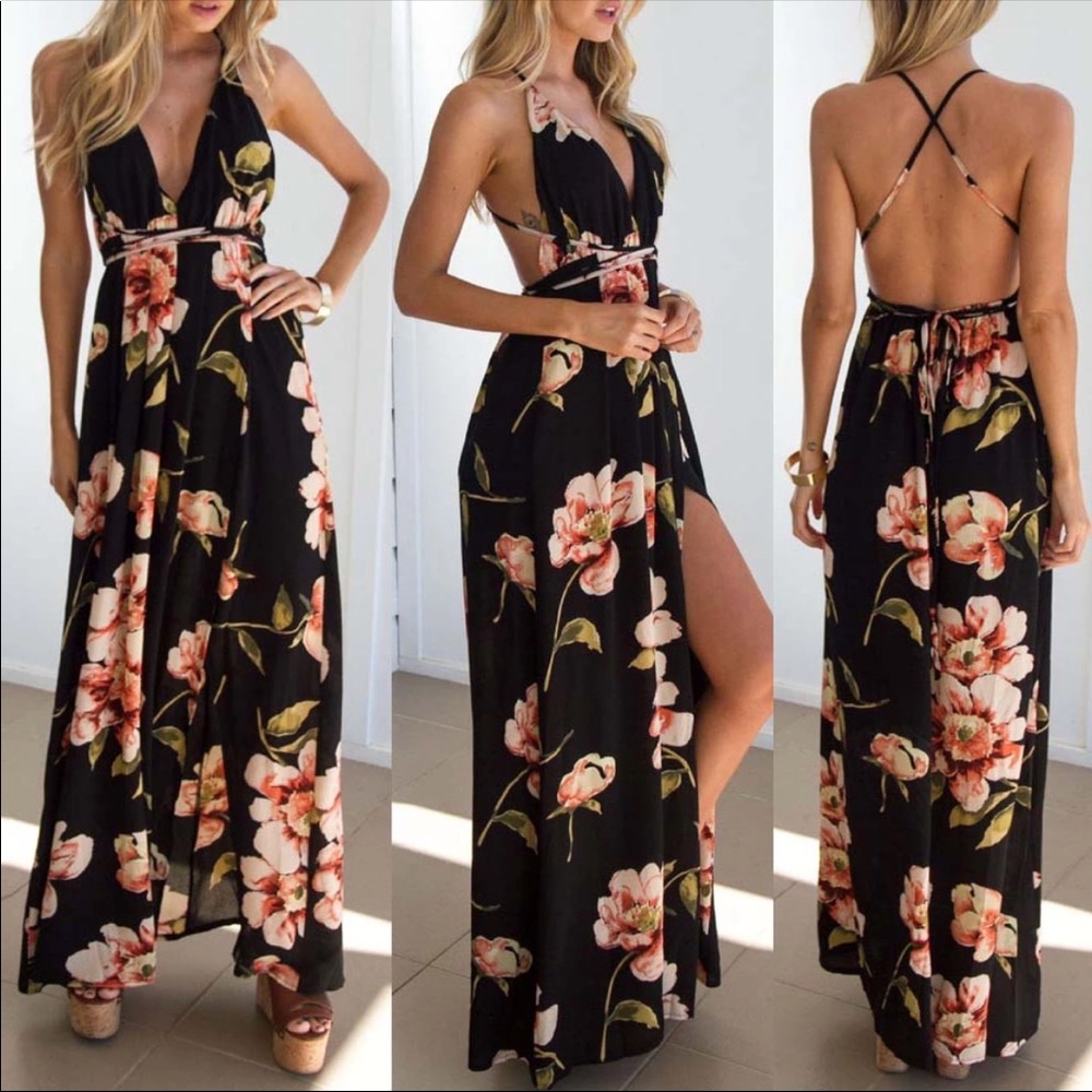 Black Floral Backless Dress